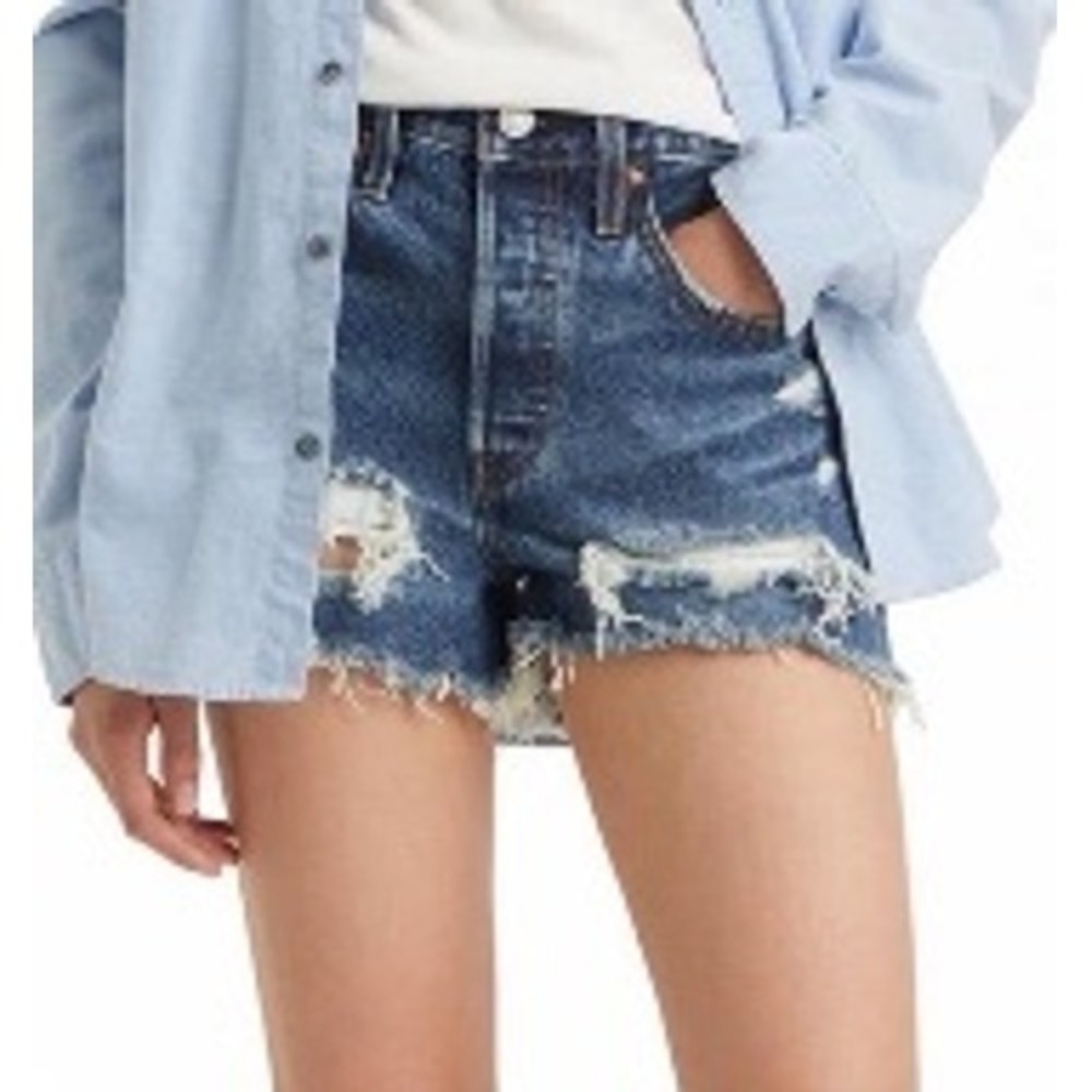 Levi's Blue 501 Distressed Denim Shorts Size 30 High Waisted Cutoff Frayed Hem